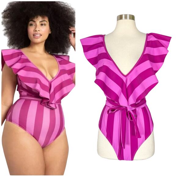 Eloquii | Striped Pink Magenta Ruffle Plus Size Belted One Piece Swimsuit 14 GUC - Picture 1 of 10